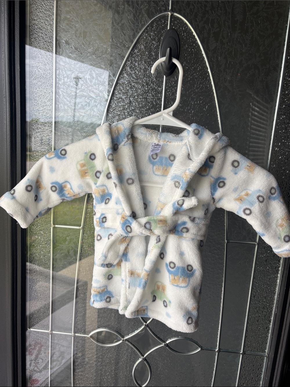 Baby Essentials 0-9mo Blue/Green Car Print Hooded Fleece Pajama Robe